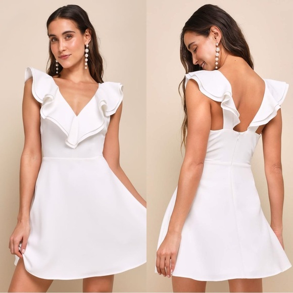 Sz L NWOT Lulus Divine Darling White Ruffled Skater Dress - Picture 1 of 8